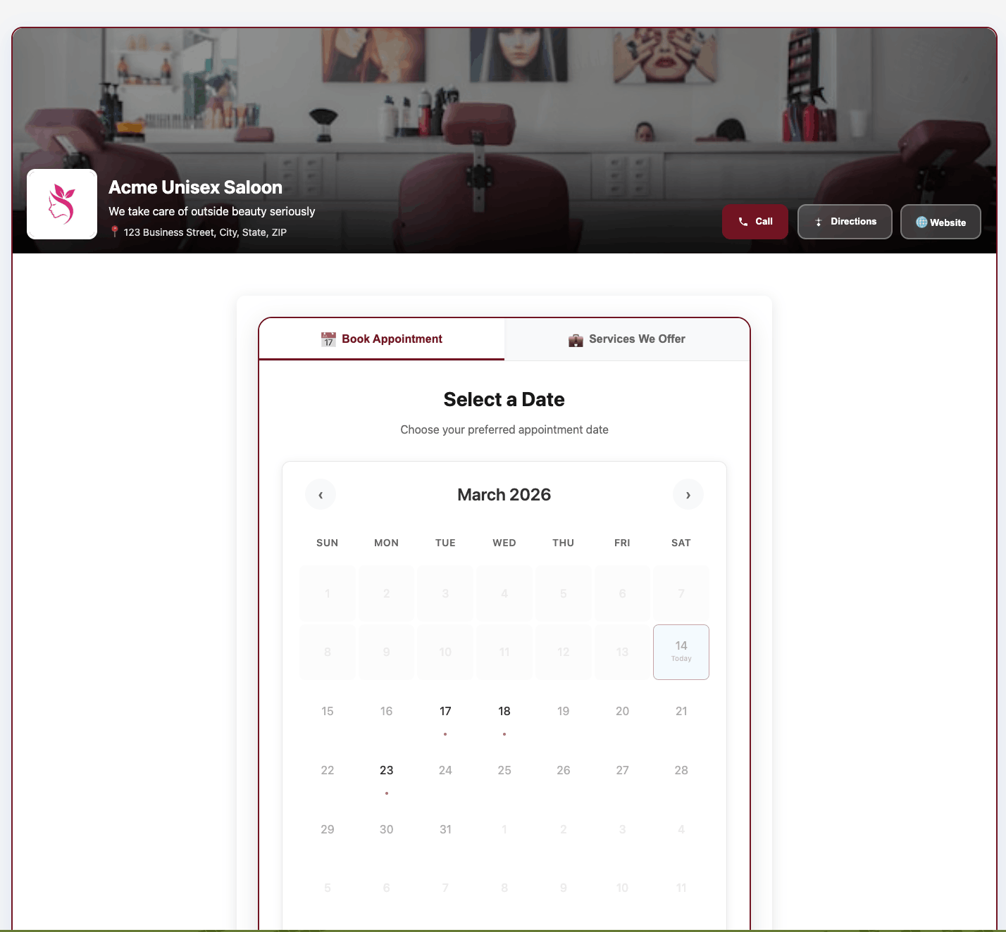 Appoint8 appointment ready booking page for clinics and salons